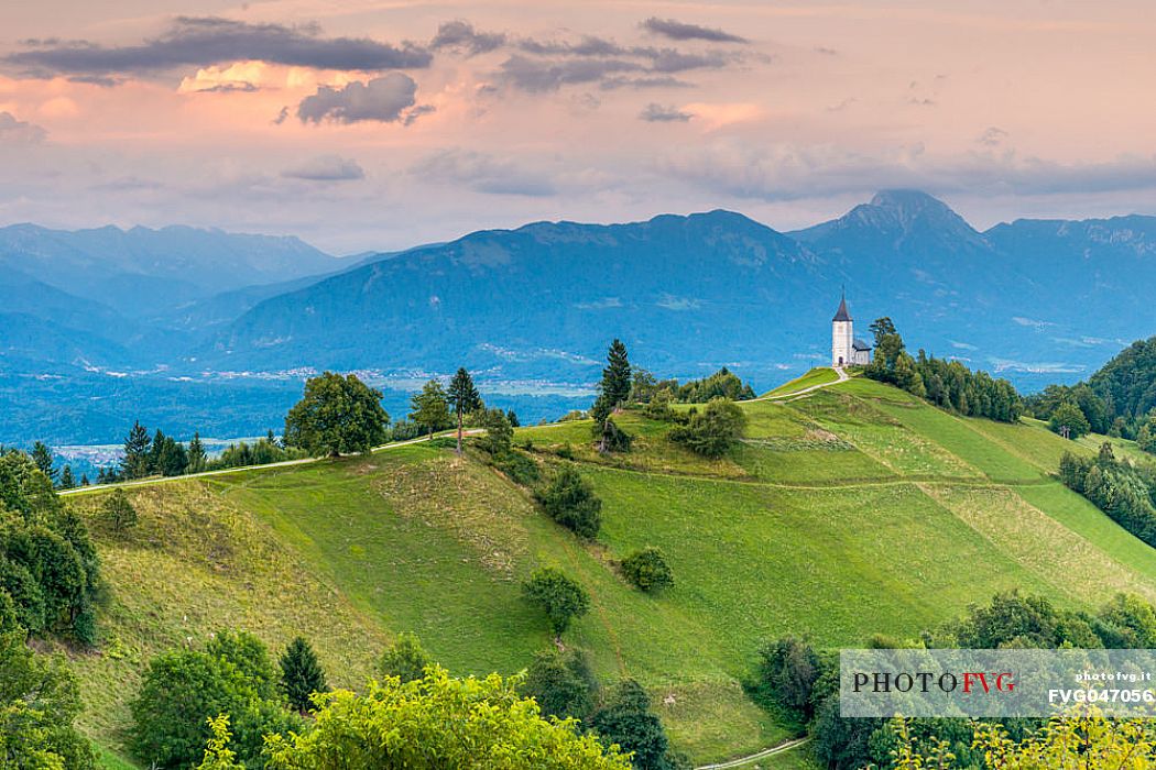 Saints Primus and Felician Church near Jamnik and Kroper with Storzic mountain in the background, Kranj, Upper Carniola, Slovenia, Europe