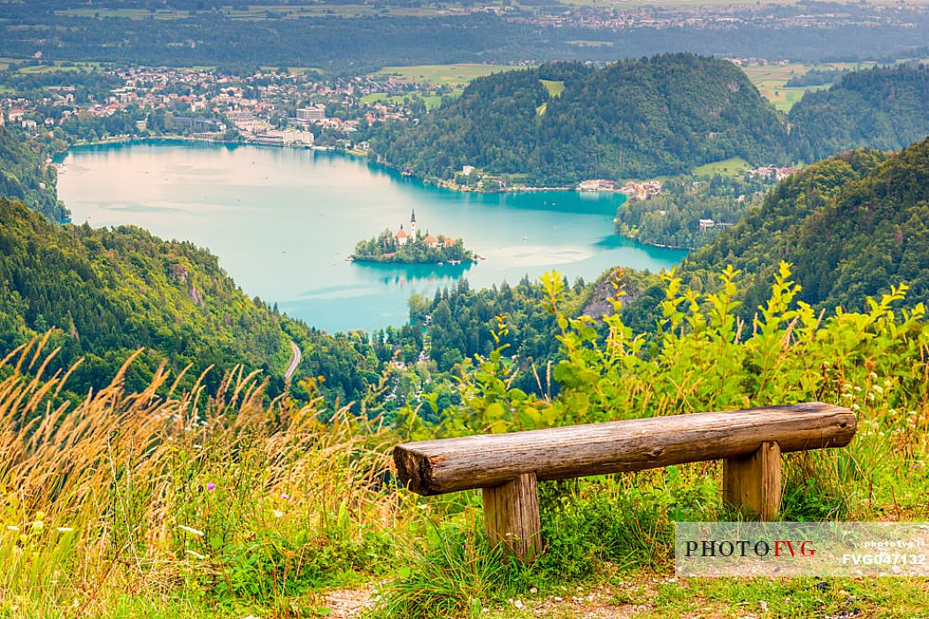 Lake of Bled and the town from above, Julian Alps, Slovenia, Europe