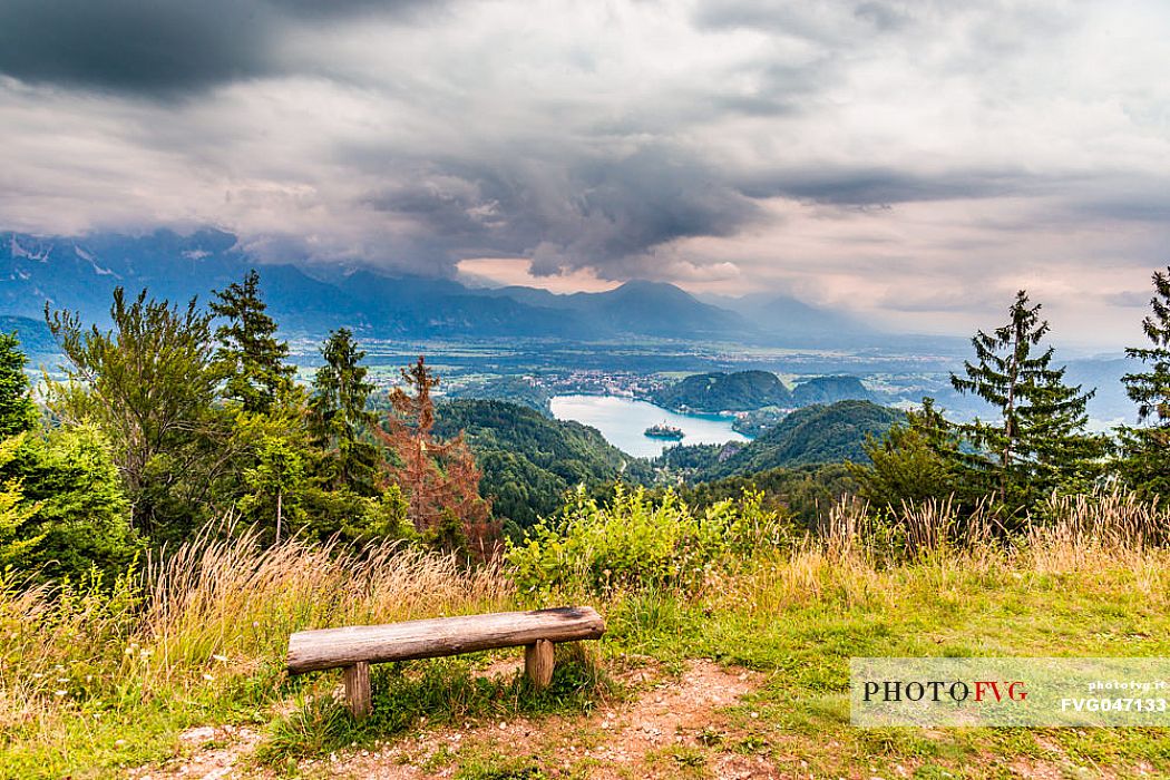 Lake of Bled, the town and the Julian alps from above, Julian Alps, Slovenia, Europe