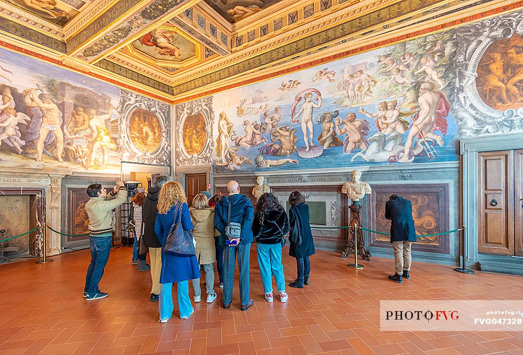 Tourists in the Room of the Elements or Stanza degli Elementi, Palazzo Vecchio, Piazza della Signoria, Florence, Tuscany, Italy, Europe