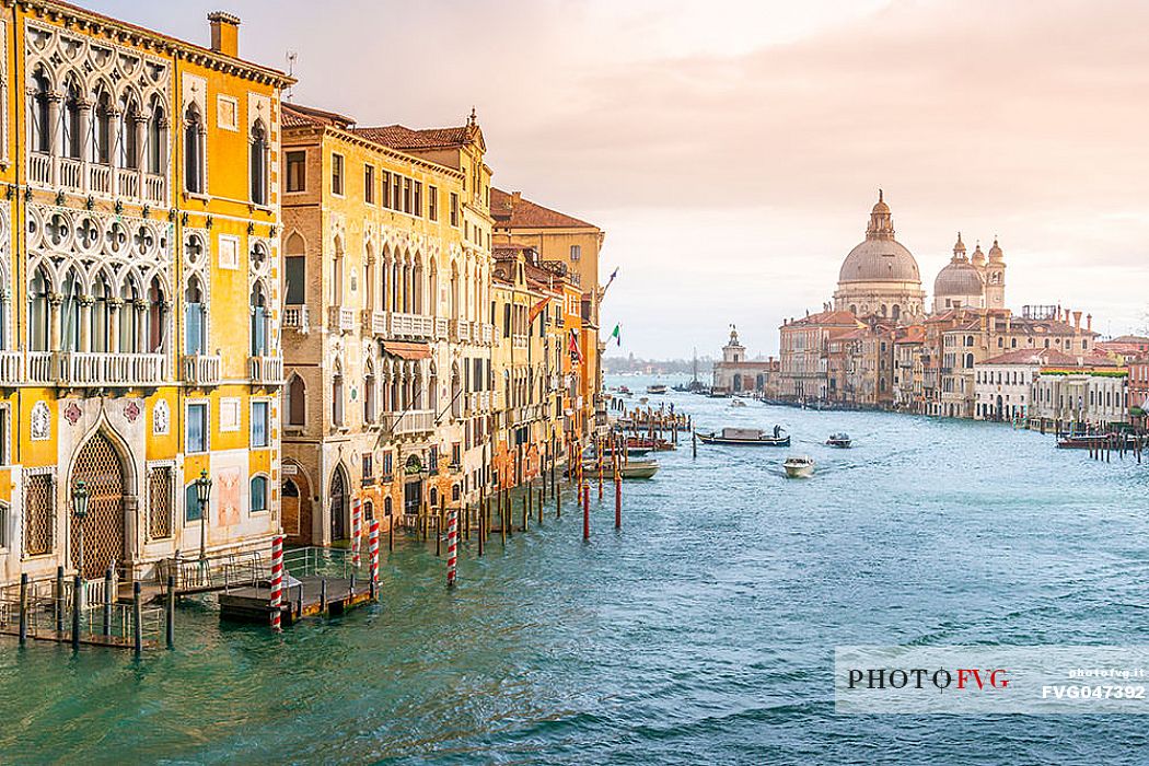 Palazzo Cavalli Franchetti in the Grand Canal and in the background the Santa Maria della Salute church from Accademia bridge, Venice, Italy, Europe