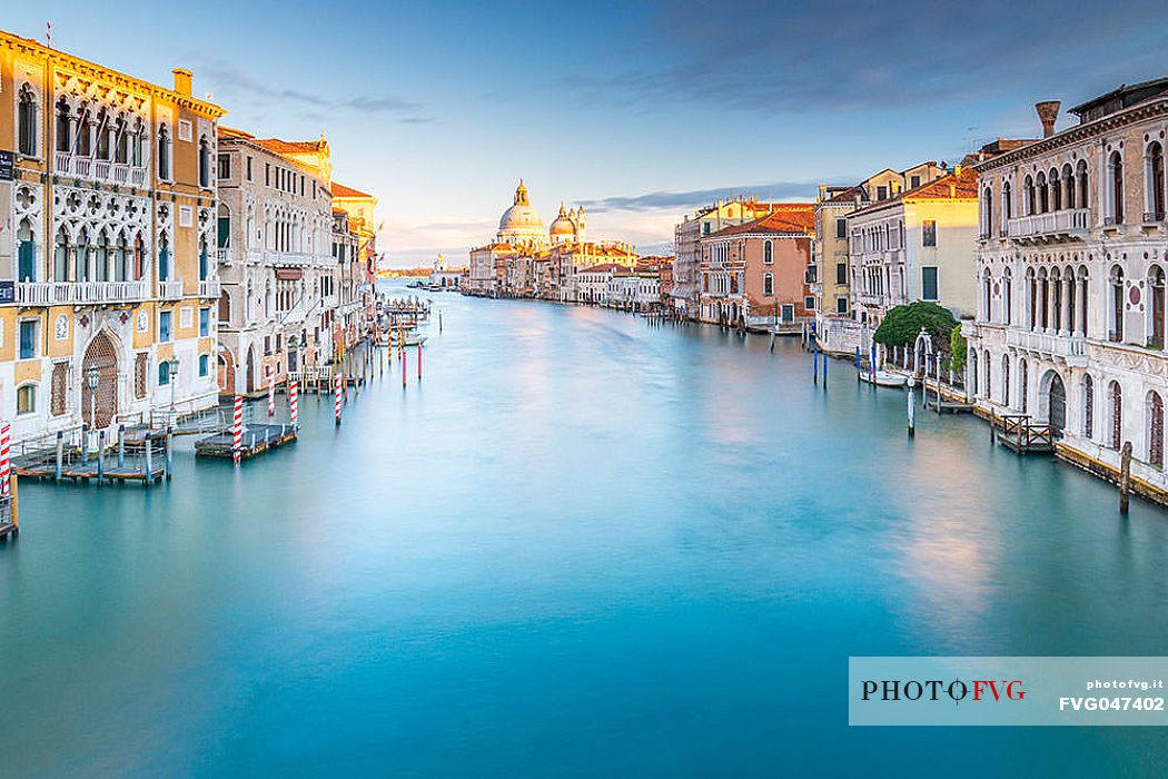 Palazzo Cavalli Franchetti in the Grand Canal and in the background the Santa Maria della Salute church from Accademia bridge, Venice, Italy, Europe