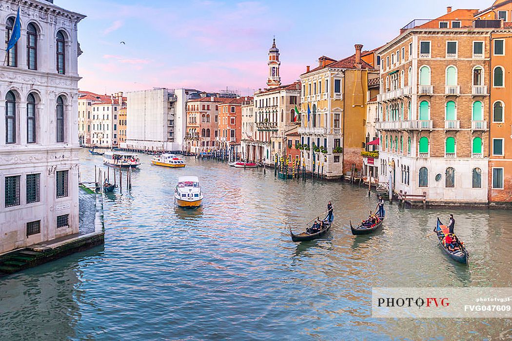 Gondolas and ferry in the Canal Grande from accademia bridge, Venice, Italy, Europe