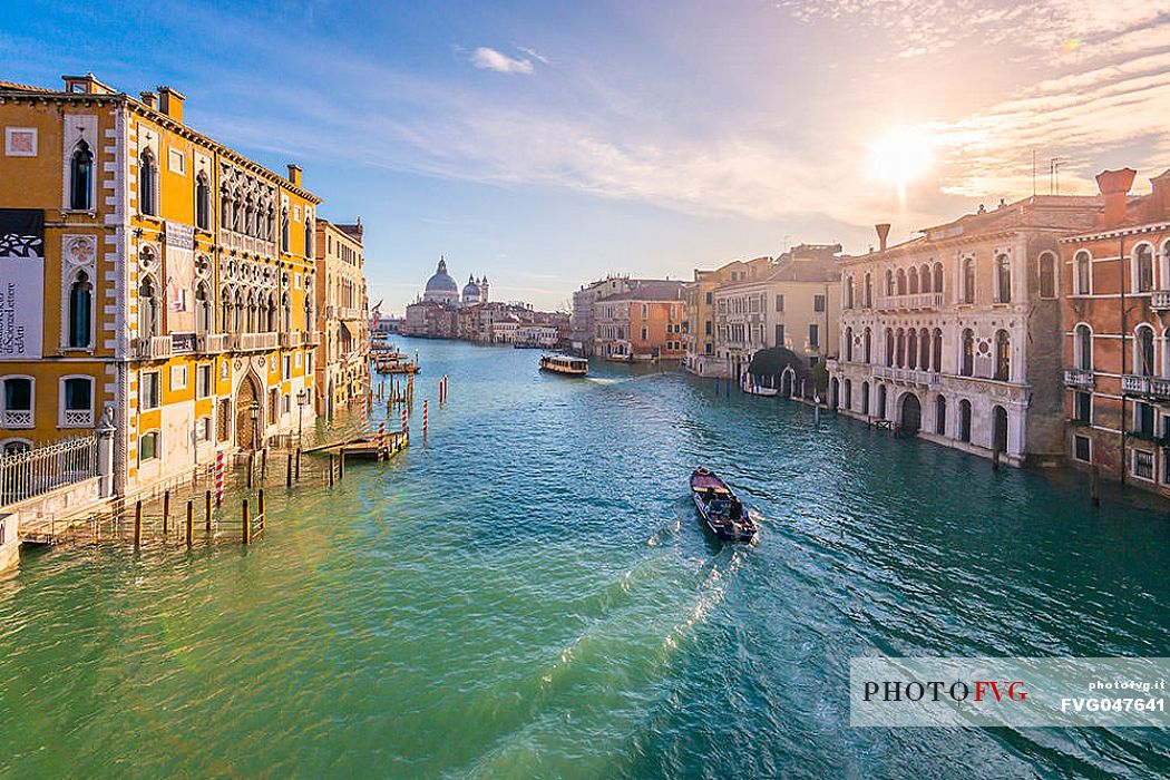 Palazzo Cavalli Franchetti in the Grand Canal and in the background the Santa Maria della Salute church from Accademia bridge, Venice, Italy, Europe