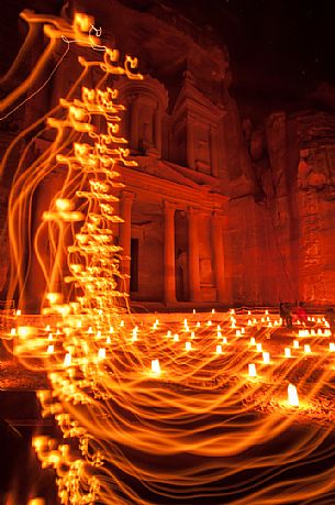 Al Khazneh or the Treasury in the ancient city of Petra by night, Jordan