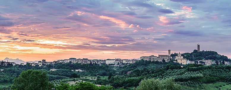 Sunset on the hills of San Miniato with Matilde and Federico II towers, Tuscany, Italy