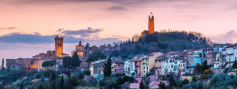 Twilight on the hills of San Miniato with Matilde and Federico II towers illuminated, Tuscany, Italy