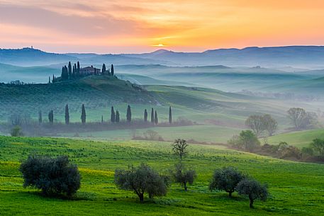 Sunrise on the hills of Tuscany, Orcia valley, Italy