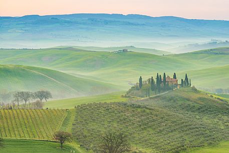 Sunrise on the hills of Tuscany, Orcia valley, Italy