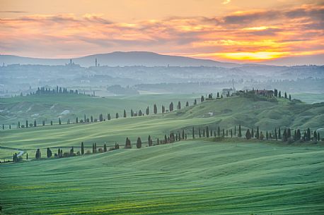 Crete Senesi landscapes at sunset, Orcia valley, Tuscany, Italy