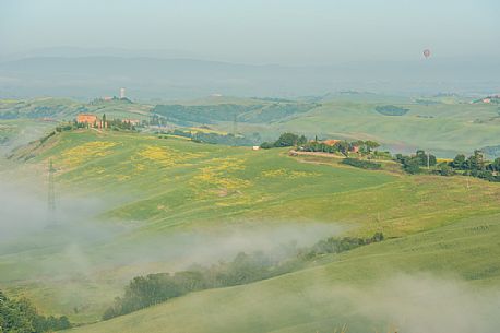 Flight over Crese Senesi landscape, Orcia valley, Tuscany, Italy