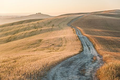 Sunrise in the Crete Senesi landscape, Orcia valley, Tuscany, Italy