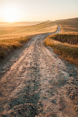 Sunrise in the Crete Senesi landscape, Orcia valley, Tuscany, Italy