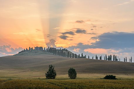 Farm in the Crete Senesi landscape at twilight, Orcia valley, Tuscany, Italy