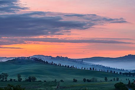 Crete Senesi landscape at twilight, Orcia valley, Tuscany, Italy