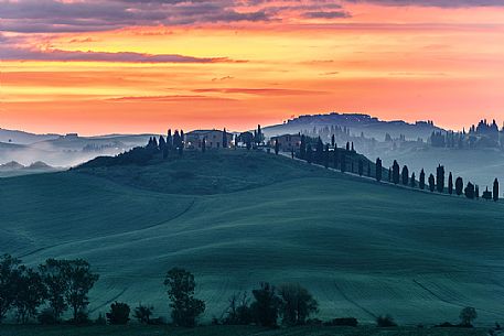 Crete Senesi landscape at twilight, Orcia valley, Tuscany, Italy