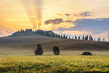 Farm in the Crete Senesi landscape at twilight, Orcia valley, Tuscany, Italy