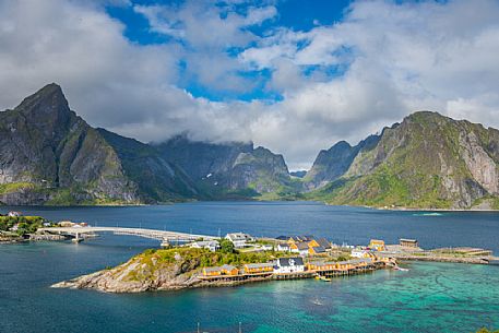 Overview of Reine village and the bridge, Lofoten Islands, Norway Overview of Reine village and the bridge, Lofoten Islands, Norway