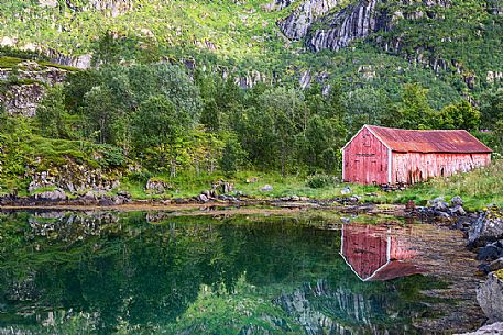 Rorbu or rorbuer, the typical norwegian fishing house, Leknes, Norway Rorbu or rorbuer, the typical norwegian fishing house, Leknes, Norway