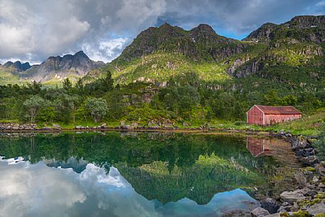 Rorbu or rorbuer, the typical norwegian fishing house, Leknes, Norway Rorbu or rorbuer, the typical norwegian fishing house, Leknes, Norway