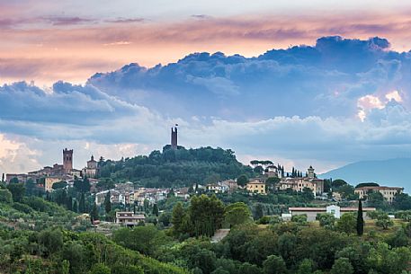 Sunset on the hills of San Miniato with Matilde and Federico II towers, Tuscany, Italy