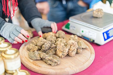 Truffle chopping board during the truffle exhibition in San Miniato village, Tuscany, Italy Truffle chopping board during the truffle exhibition in San Miniato village, Tuscany, Italy