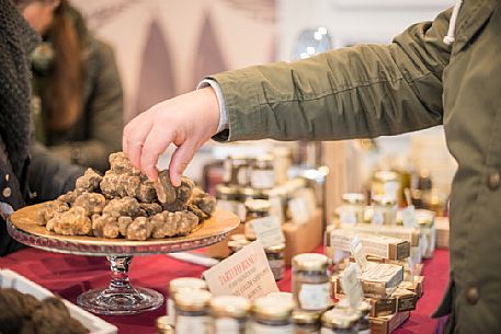 White truffles and truffle products during the truffle exhibition in San Miniato village, Tuscany, Italy White truffles and truffle products during the truffle exhibition in San Miniato village, Tuscany, Italy