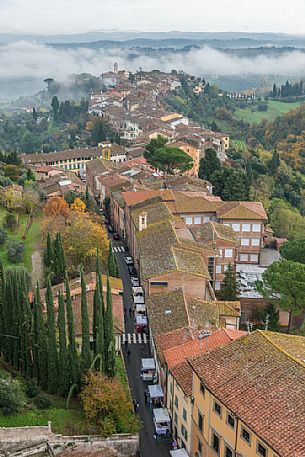 Foggy morning in San Miniato village, Tuscany, Italy