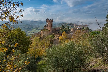 Torre di Matilde and belfry of cathedral in San Miniato village, Tuscany, Italy