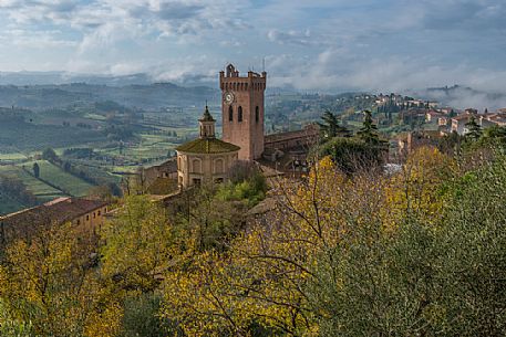 Torre di Matilde and belfry of cathedral in San Miniato village, Tuscany, Italy