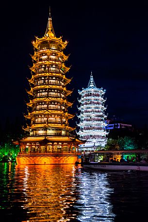 Sun and Moon Twin Pagodas on Shan Lake, Guilin, Guangxi, China