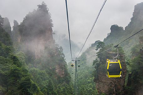 Cableway with mist in Tianmen or Tianzi mountain in the Zhangjiajie National Forest Park, Hunan, China