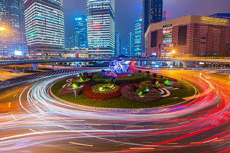 Night view of a road in Lujiazui New Financial District of Shanghai city, China