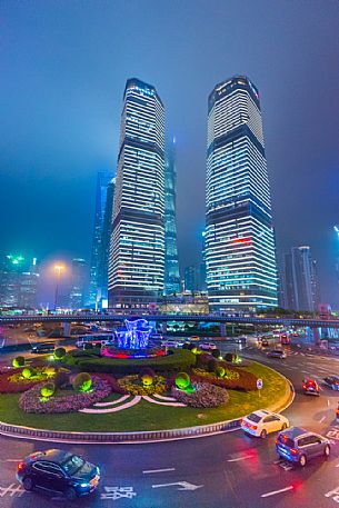 Night view of a road in Lujiazui New Financial District of Shanghai city, China