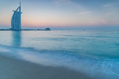 Burj Al Arab Hotel and Jumeirah beach at twilight, Dubai, United Arab Emirates, Asia Burj Al Arab Hotel and Jumeirah beach at twilight, Dubai, United Arab Emirates, Asia