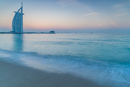 Burj Al Arab Hotel and Jumeirah beach at twilight, Dubai, United Arab Emirates, Asia