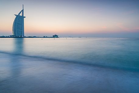 Burj Al Arab Hotel and Jumeirah beach at twilight, Dubai, United Arab Emirates, Asia Burj Al Arab Hotel and Jumeirah beach at twilight, Dubai, United Arab Emirates, Asia