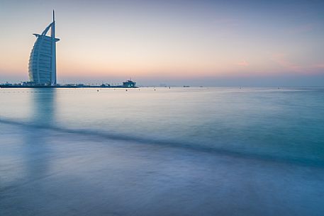 Burj Al Arab Hotel and Jumeirah beach at twilight, Dubai, United Arab Emirates, Asia