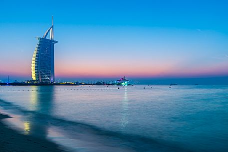 Burj Al Arab Hotel and Jumeirah beach at twilight, Dubai, United Arab Emirates, Asia