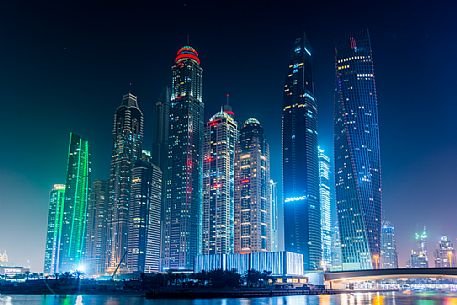 Skyscrapers of Dubai Marina by night, Dubai city, United Arab Emirates, Asia