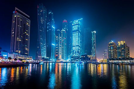 Skyscrapers of Dubai Marina by night, Dubai city, United Arab Emirates, Asia