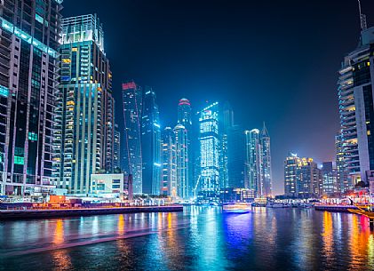 Skyscrapers of Dubai Marina by night, Dubai city, United Arab Emirates, Asia