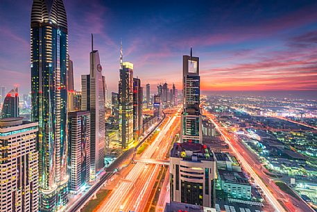 High Rises on Sheikh Zayed Road at twilight, Downtown Dubai, Emirate of Dubai, UAE, Asia