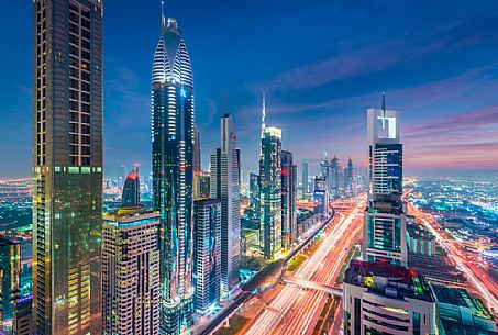High Rises on Sheikh Zayed Road at twilight, Downtown Dubai, Emirate of Dubai, UAE, Asia