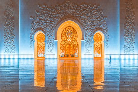 Detail of entrance of the Sheikh Zayed Grand Mosque in the City of Abu Dhabi at twilight, Emirate of Abu Dhabi, United Arab Emirates, UAE Detail of entrance of the Sheikh Zayed Grand Mosque in the City of Abu Dhabi at twilight, Emirate of Abu Dhabi, United Arab Emirates, UAE