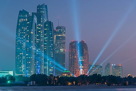 Night view of Etihad Towers and Bab al Qasr Hotel on the Corniche in the City of Abu Dhabi, Emirate of Abu Dhabi, United Arab Emirates, UAE