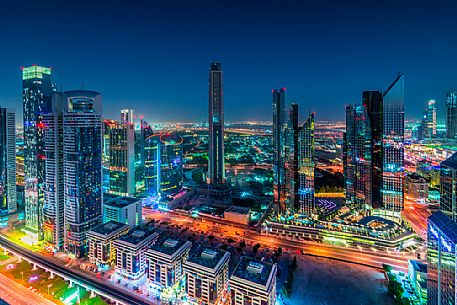Night view of High Rises on Sheikh Zayed Road, Downtown Dubai, Emirate of Dubai, UAE, Asia