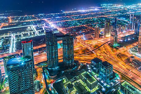 View from the top panoramic platform on Burj Khalifa across Sheikh Zayed Road in the nigh, Downtown Dubai, Emirate of Dubai, UAE, Asia