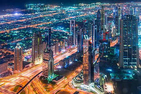 View from the top panoramic platform on Burj Khalifa across Sheikh Zayed Road in the nigh, Downtown Dubai, Emirate of Dubai, UAE, Asia View from the top panoramic platform on Burj Khalifa across Sheikh Zayed Road in the nigh, Downtown Dubai, Emirate of Dubai, UAE, Asia