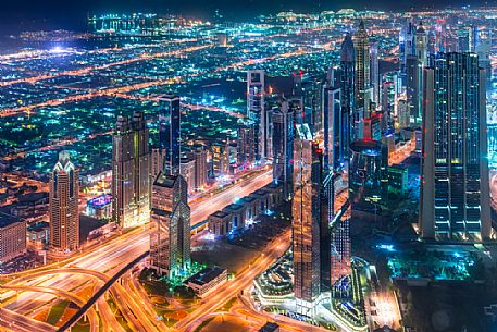 View from the top panoramic platform on Burj Khalifa across Sheikh Zayed Road in the nigh, Downtown Dubai, Emirate of Dubai, UAE, Asia